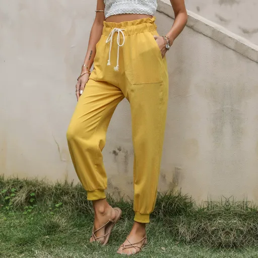 Casual Womens Pants Solid Color Cotton Linen Drawstring Cuffed Trousers in Yellow Sizes S to XL