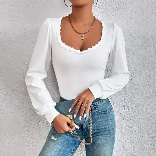 Womens V Neck Long Sleeve T Shirt with Puff Sleeves and Lace Trim in White for Spring Summer Casual Wear Wholesale