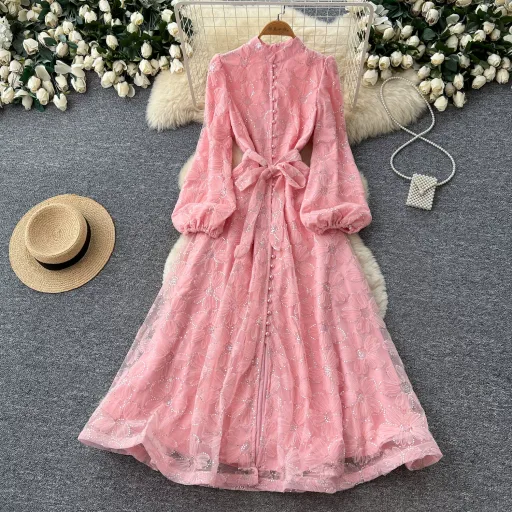 French Romantic Style Lace A Line Dress for Women Stand Collar Lantern Sleeves Waist Defining Elegant Mesh Perfect