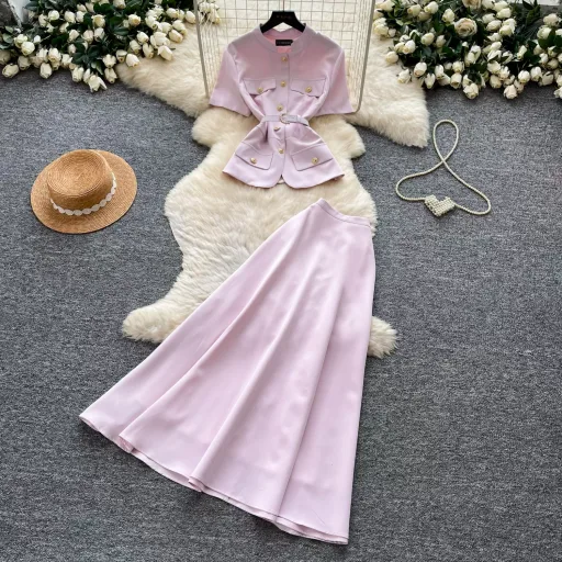 Pink Short Sleeve Top and High Waist Skirt Two Piece Set for Women Summer Casual Outfit Wholesale custom packaging Pink Short Sleeve Top and High Waist Skirt Two Piece Set for Women Summer Casual Outfit Wholesale custom packaging