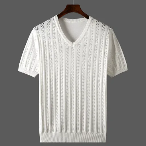 Mens Loose Fit Cotton Knitted Short Sleeve V Neck T Shirt Breathable Summer Top Available in Multiple Colors and Sizes