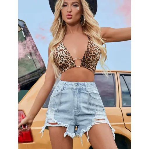 High Waist Ripped Denim Shorts for Women Loose Fit Light Blue Casual Summer Wear High Waist Ripped Denim Shorts for Women Loose Fit Light Blue Casual Summer Wear