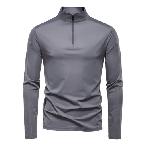 Mens Casual Long Sleeve T Shirt Slim Fit Stand Collar Breathable Polyester Solid Pattern UPF 100 Protection