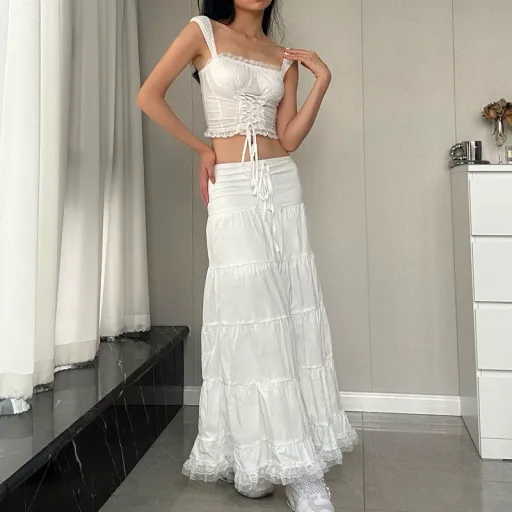 Fashion Womens Set Square Neck Lace Tie Ruffled Hem Skirt Winter Collection Wholesale Available