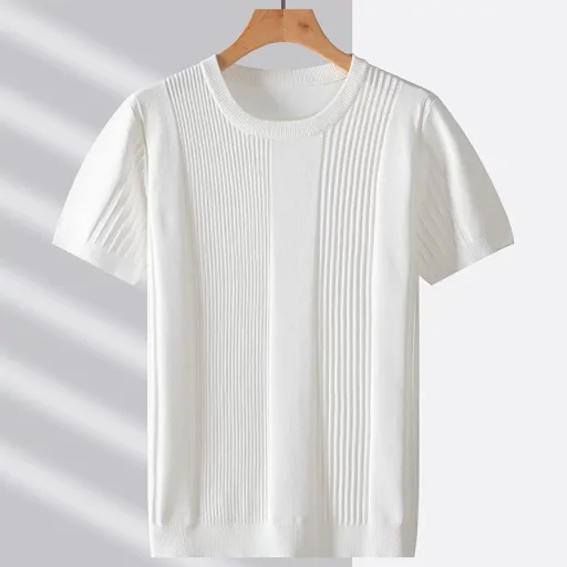 Cotton Knitted Short Sleeve Striped T Shirt for Men in Various Colors and Sizes