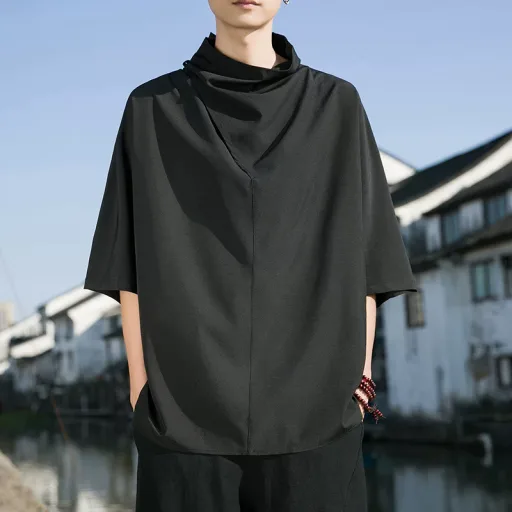 Mens Loose Fit Black T Shirt Short Sleeve High Neck Design Summer Casual Wear Mens Loose Fit Black T Shirt Short Sleeve High Neck Design Summer Casual Wear