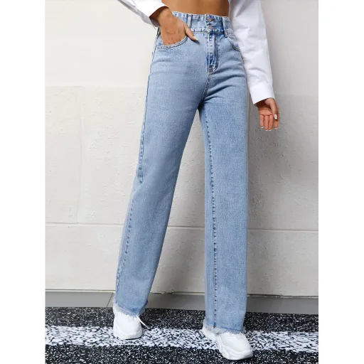 High Waist Casual Straight Leg Jeans for Women Light Blue Comfortable Fit low MOQ High Waist Casual Straight Leg Jeans for Women Light Blue Comfortable Fit low MOQ