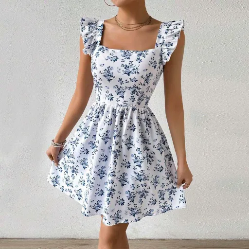 Floral Print Backless Dress Slim Fit Short Sleeve V Neck Summer Style Available in White and Blue Wholesale Low MOQ