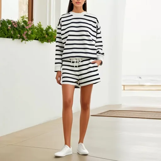 Womens Casual Striped Color Block Sweatshirt Set Loose Fit Long Sleeve Round Neck Top with Shorts Spring Autumn Wholesale Womens Casual Striped Color Block Sweatshirt Set Loose Fit Long Sleeve Round Neck Top with Shorts Spring Autumn Wholesale