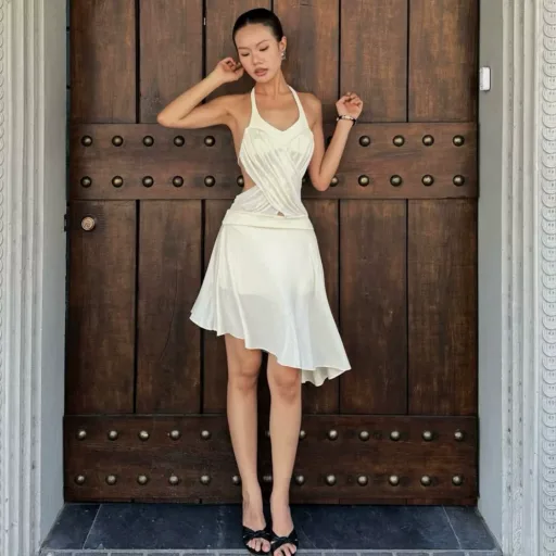 Womens Summer Casual Set Halter Neck Hollow Out Top and Asymmetrical Skirt Apricot Womens Summer Casual Set Halter Neck Hollow Out Top and Asymmetrical Skirt Apricot