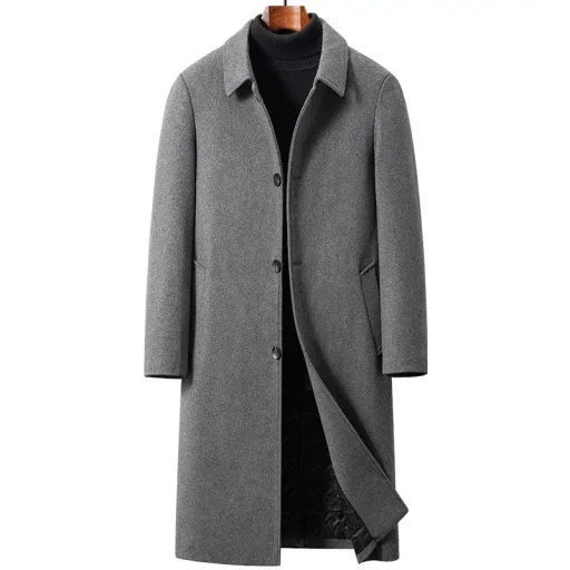 Mens Wool Overcoat Long Knee Length Design Warm Winter Outerwear Available in Gray Black Navy Wholesale Options