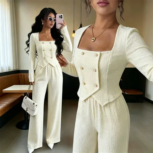 Womens Two Piece Set Square Neckline Double Breasted Top and Wide Leg Pants Casual Office Wear