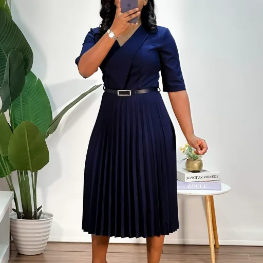 V Neck Pleated Dress for Women Solid Color Elegant Style Available in Multiple Sizes and Colors Wholesale Ready V Neck Pleated Dress for Women Solid Color Elegant Style Available in Multiple Sizes and Colors Wholesale Ready