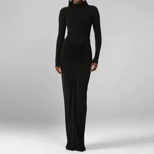 Elegant Sleeveless High Waist Solid Polyester Dress in Black for Women Elegant Sleeveless High Waist Solid Polyester Dress in Black for Women