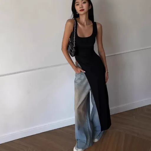 Womens Long U Neck T Shirt Irregular Hem High Slit Solid Color Trendy Autumn Fashion Wholesale Available