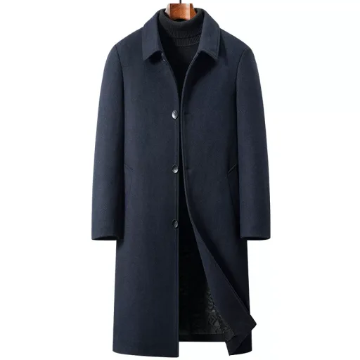 Mens Wool Overcoat Knee Length Warmth Casual Winter Outerwear Available in Navy Gray Black Wholesale Options