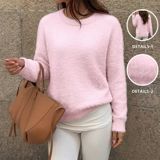 Womens Pink Round Neck Sweater Soft Faux Mink Fabric Casual Wear for Valentines Day