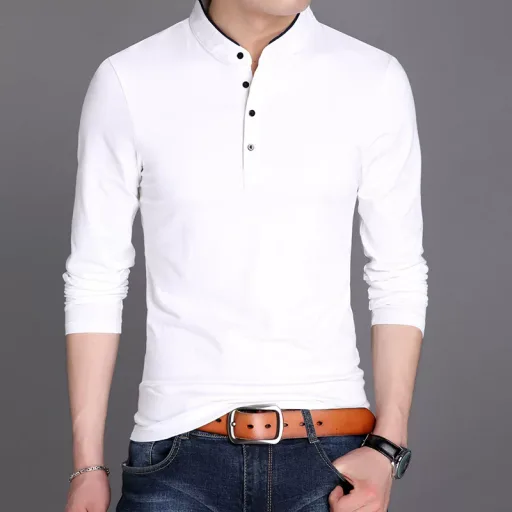 Slim Fit Mens Long Sleeve Polo Shirt in White Navy Blue Black Gray Red for Spring and Autumn Wholesale