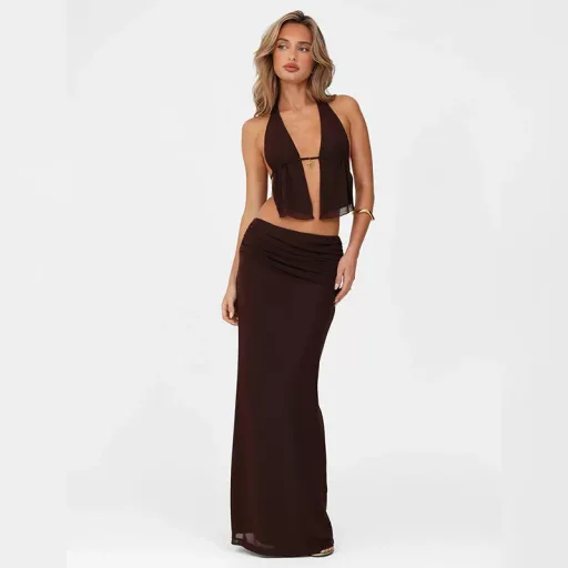 Halter Neck Cutout Top and High Waist Bodycon Skirt Set Sexy Design Spring Collection Womens Fashion Wholesale Halter Neck Cutout Top and High Waist Bodycon Skirt Set Sexy Design Spring Collection Womens Fashion Wholesale
