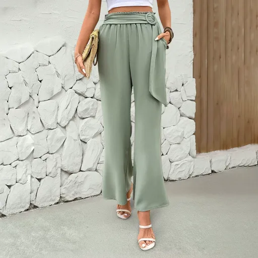 Womens Green Wide Leg Pants with Belt Summer Casual Style Lightweight Fabric ready to ship Womens Green Wide Leg Pants with Belt Summer Casual Style Lightweight Fabric ready to ship