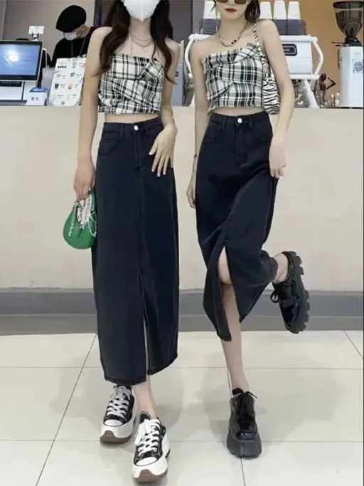 Plus Size Black Denim A Line Skirt with High Waist and Side Slit for Spring Summer Wholesale private label