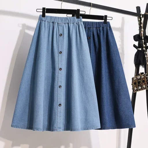 Blue Denim Skirt for Women Elastic Waist Button Design Casual Street Style Available in Multiple Sizes and Wholesale