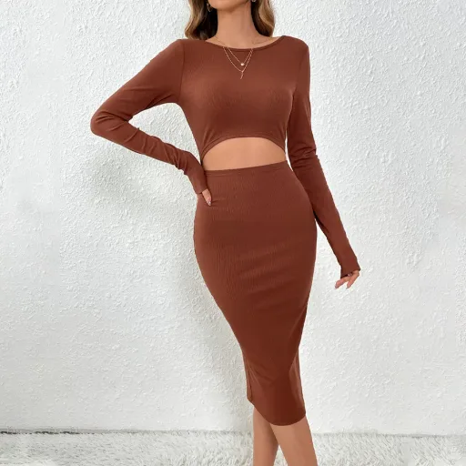 Knit Bodycon Dress for Women Hollow Waist Design Slim Fit Long Skirt Available in Brown Wholesale Low MOQ