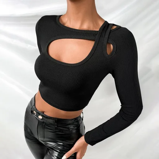 Womens Long Sleeve T Shirt Slim Fit Black Cotton Top Casual Wear for All Seasons