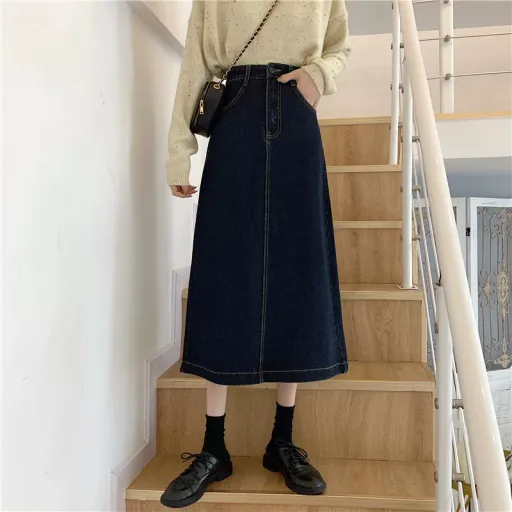 High Waist A Line Midi Skirt Slim Fit Stretch Denim Casual Everyday Wear customizable