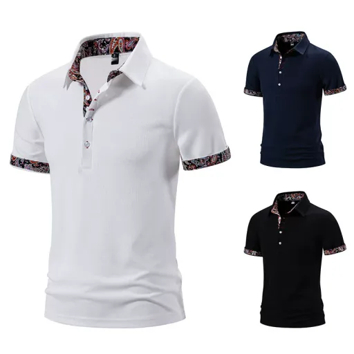 Mens Casual Solid Short Sleeve Polo Shirt in Polyester available in White Black Navy Blue Sizes S to 2XL
