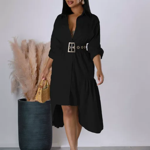 Casual Button Up Shirt Dress for Women Loose Fit Solid Color Available in Black and Beige Wholesale with Low MOQ Casual Button Up Shirt Dress for Women Loose Fit Solid Color Available in Black and Beige Wholesale with Low MOQ