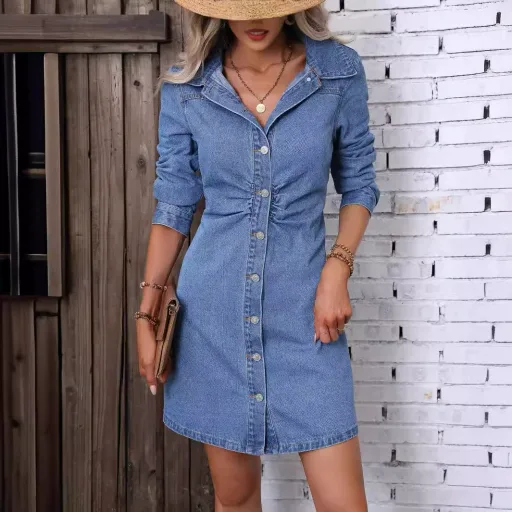 Vintage Slim Fit Long Sleeve Denim Dress in Blue for Women Casual Wear Available in Multiple Sizes Wholesale Supply