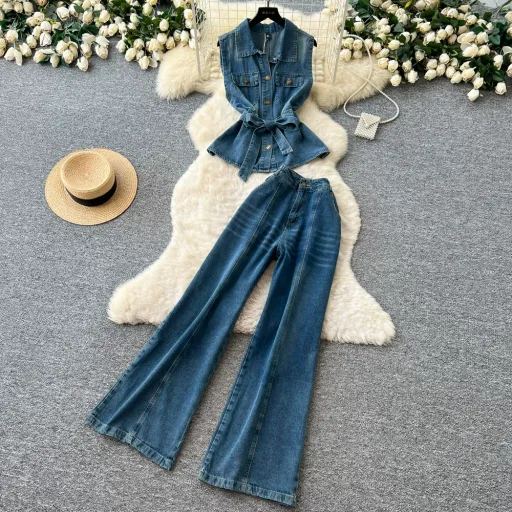 Sleeveless Denim Two Piece Set for Women Slim Fit High Waist Pants and Tank Top Casual Summer Outfit
