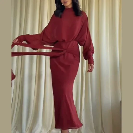 High Waist Long Sleeve Stand Collar Elegant Solid Red Chiffon Dress for Women High Waist Long Sleeve Stand Collar Elegant Solid Red Chiffon Dress for Women