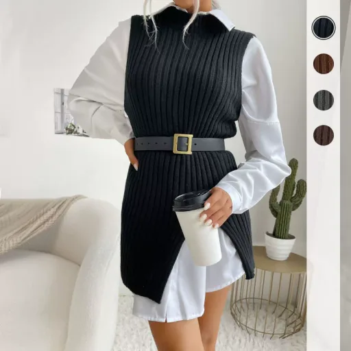 Sleeveless Long Knit Sweater for Women Solid Color Casual Style Autumn Collection