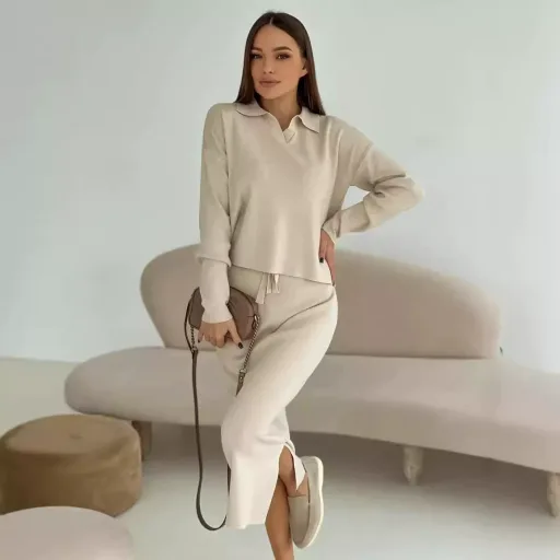 Knitted Two Piece Set for Women Soft Fabric with Split Sweater and Tie Waist Skirt Casual Autumn Winter Wear Wholesale