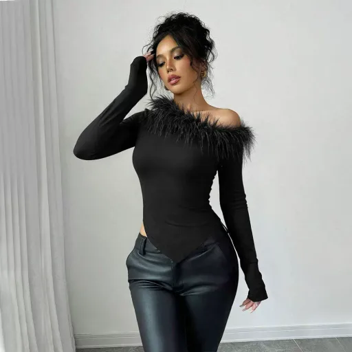 Asymmetrical Hem Long Sleeve T Shirt for Women Feather Patchwork Design Slim Fit Spring Summer Collection