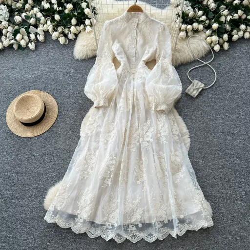 French Court Style Embroidered Lace Dress Puff Sleeves High Neck Waist Tie Elegant Long Dress for Autumn Wholesale