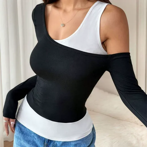 Asymmetrical Black Tank Top with Long Sleeves and Unique Design for Spring and Autumn Wholesale low MOQ