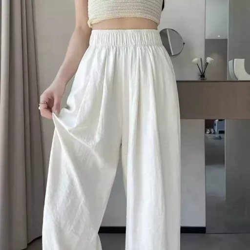 Summer Loose Fit Wide Leg Trousers Lightweight Acetate Fabric High Waisted Casual Style Perfect for Everyday Wear