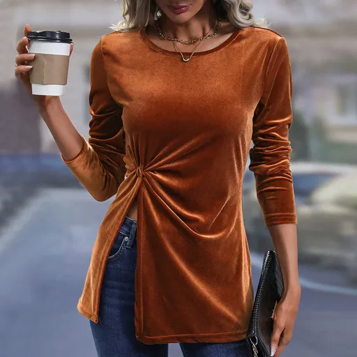 Womens Long Sleeve T Shirt Irregular Split Hem Elegant Velvet Fabric Casual Autumn Winter Wear
