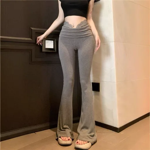 High Waisted Flared Casual Pants Lace Paneling Slim Fit Lightweight Fabric Autumn Fashion for Women Wholesale