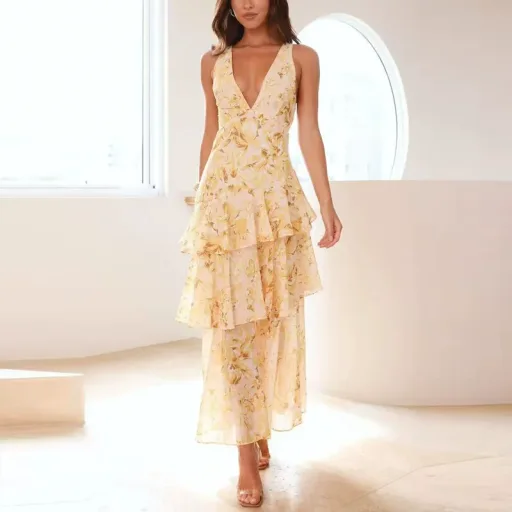 Fashionable Printed Cake Dress Summer Deep V Neck Shoulder Straps Vacation Style Wholesale Available
