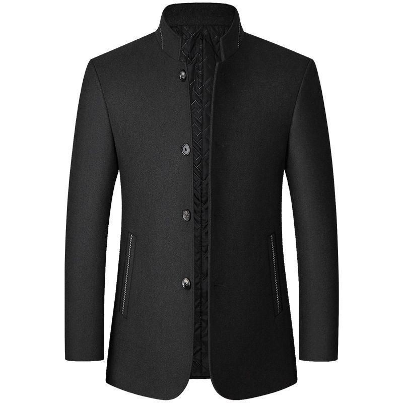Mens Woolen Jacket Stand Collar Mid Length Warm Fabric Fall Winter Style for Middle Aged Wholesa