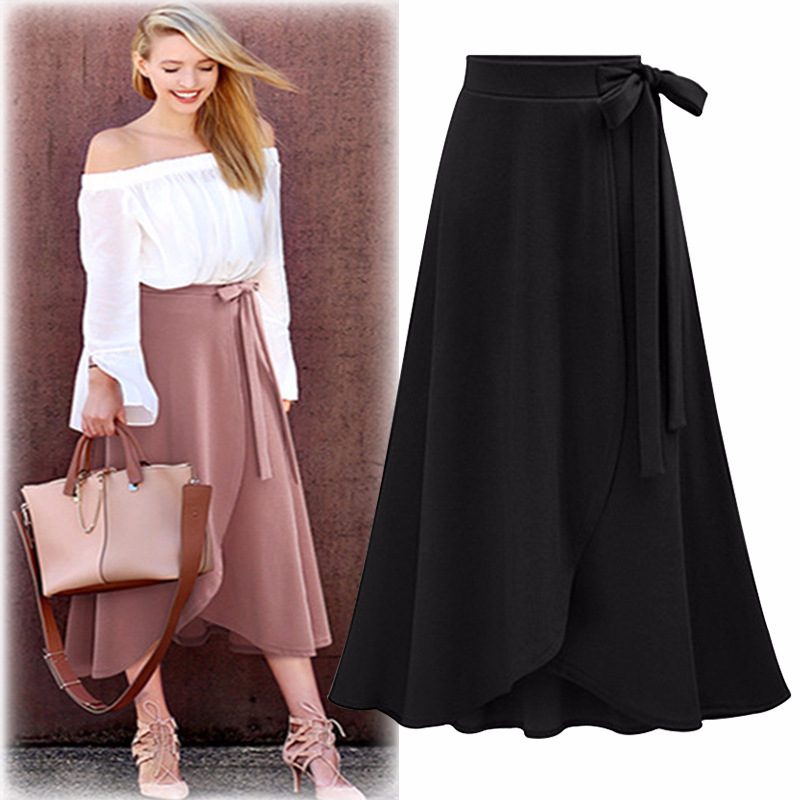 Plus Size High Waisted Midi Skirt Drawstring Design Versatile Split Style Perfect for Casual or Formal Occasions