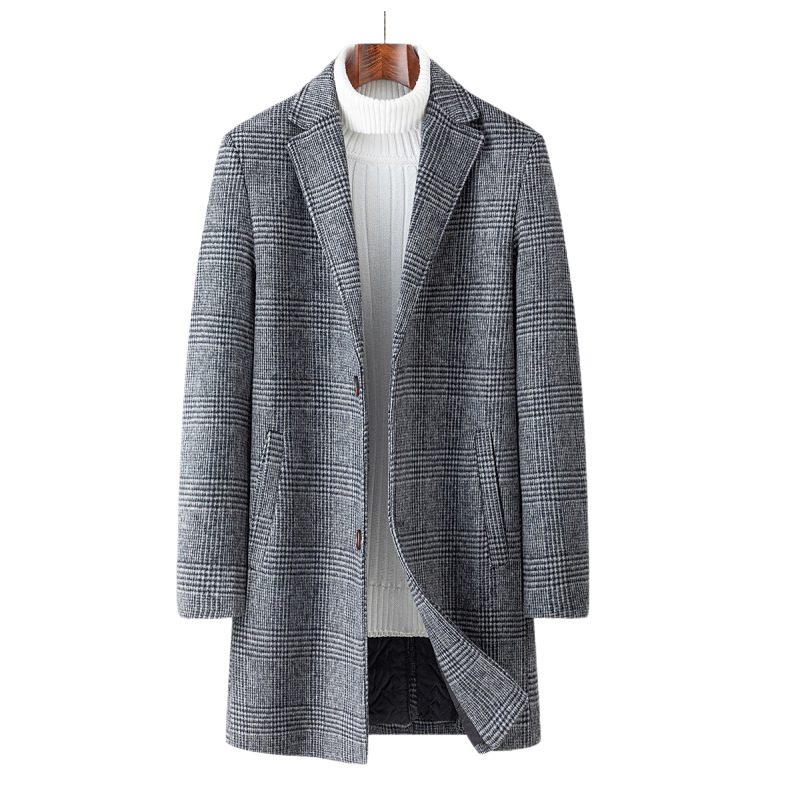 Mens Mid Length Plaid Wool Blend Overcoat Thickened Warm Stylish Perfect for Autumn and Winter Wholesale Availab
