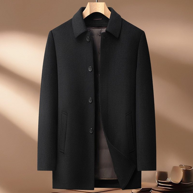 Mens Wool Jacket Thick Double Sided Fabric Stand Collar Insulated with Down Lining Autumn Winter Casual Wear