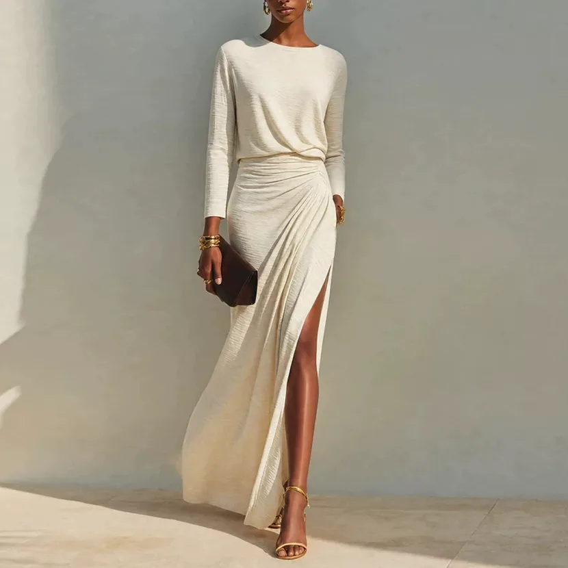 Elegant Solid Color Long Sleeve High Waist Dress for Evening Wear in Polyester