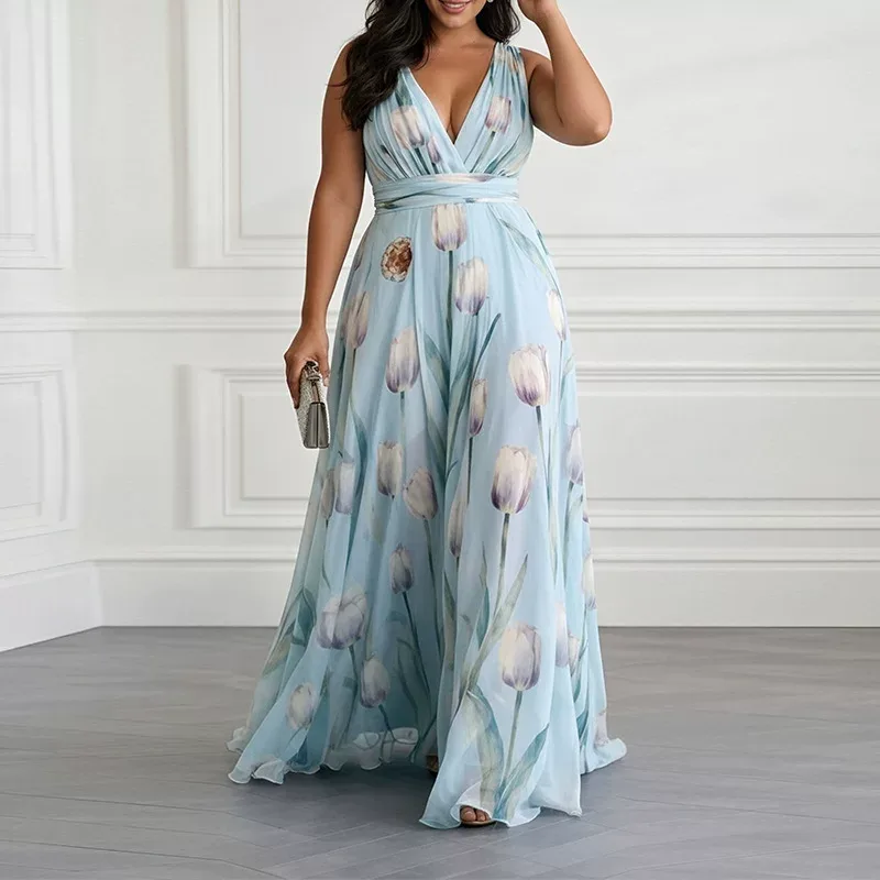 Floral Maxi Dress Casual Loose Fit Waist Defined V Neck Sleeveless Summer Vacation Wear Wholesale Available