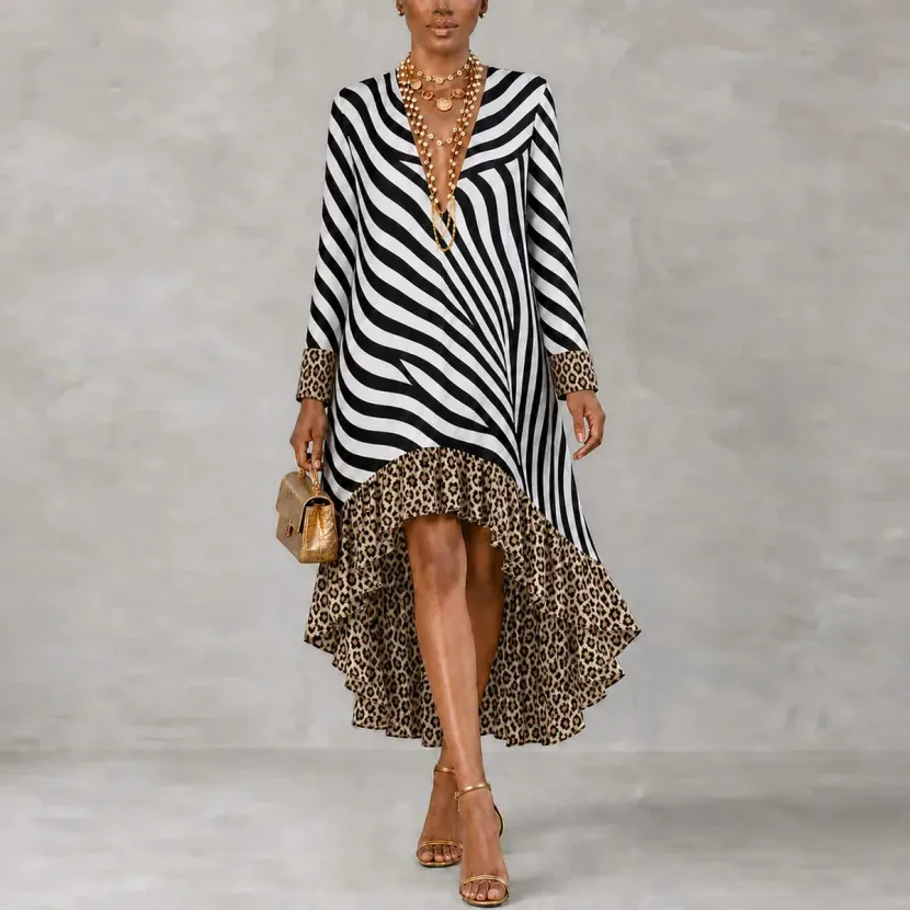 Elegant Long Sleeve V Neck Dress Ruffle Hem for Holiday Wear in Polyester